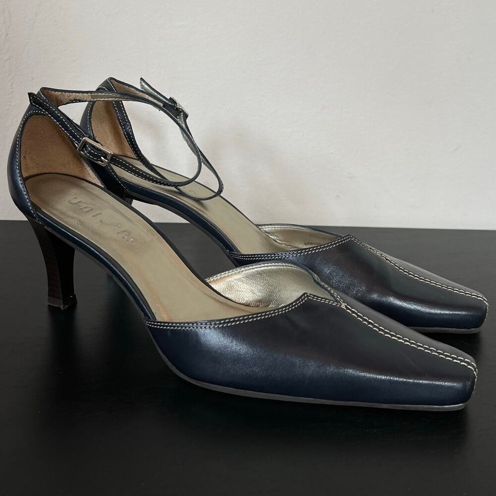 Unisa Navy Blue Leather Top Stitch Pointed Toe Ankle Strap Mid Heels 8B